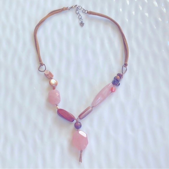 Silpada Pink Rose Quartz Beaded Necklace on Leather cord. N1429 18”-20” inches - Picture 3 of 7